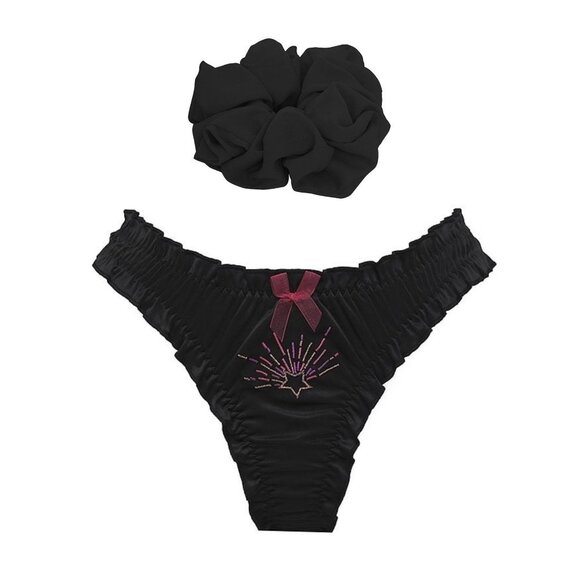 ❌SOLD❌FOR LOVE & LEMONS Satin Ruffle Thong Panty and Scrunchie Set Sz XXS - Picture 2 of 5